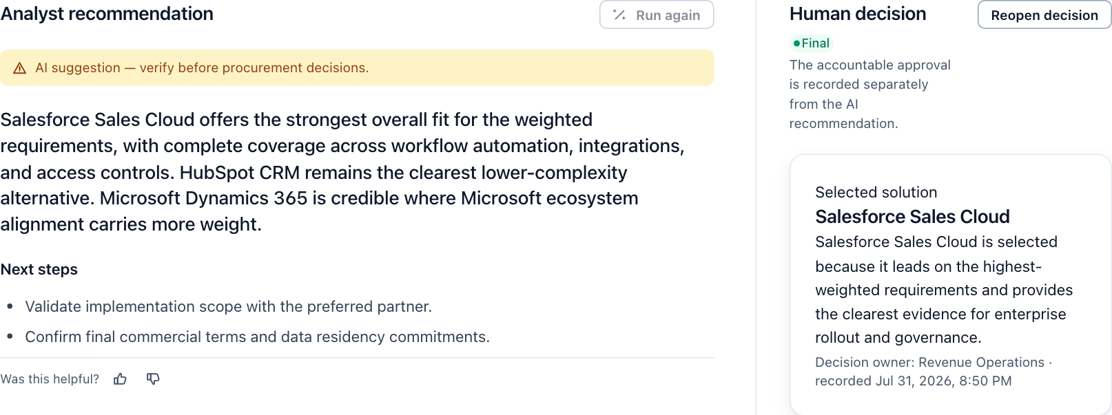 Analyst recommendation beside the final human decision and selected CRM solution